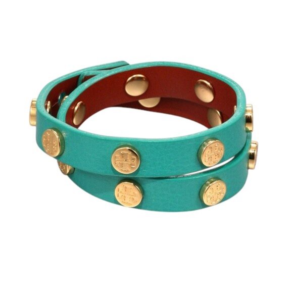 Tory Burch Turquoise Double Wrap 6.5" Enamel Gold Studded Leather Bracelet USA‎ - Picture 1 of 7